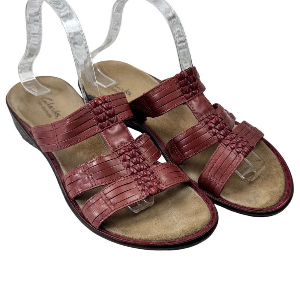 Clarks Slide Sandals Womens 8.5M Burgundy Leather Woven Bendables Comfort Casual - Picture 5 of 15